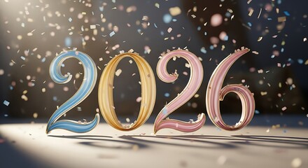 Festive 2026 new year celebration with colorful balloon numbers and falling confetti, creating a joyful and celebratory atmosphere for the upcoming year