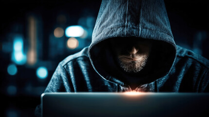 Mysterious Figure in Hoodie Working on Laptop with Dark Background and Blue Light Effects