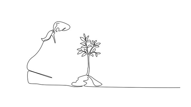 Self drawing animation of continuous one line drawing woman is planting a lemon tree on ground. Benefits at harvest time. Maintained. Freshness. Citrus. Plant a Lemon Tree Day. Full length animated