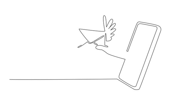 Animation of continuous one line drawing hand holding winged envelope coming out of smartphone. Modern. Send an Electronic Greeting Card Day. Single line self drawing animated. Full length motion