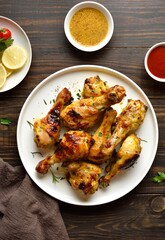 Barbecue roasted chicken drumsticks served with sauce