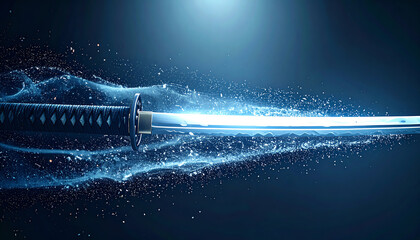 Particle Blade: Elegant Katana Trajectory　Samurai Sword Slashing with Elegant Silver Blade and Abstract Blue Particle Trail