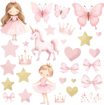 Enchanting watercolor collection of pink princesses unicorn butterflies crowns stars and hearts