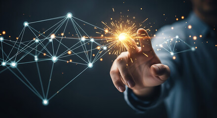 Hand interacting with a glowing digital network and sparks