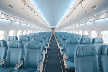 Fototapeta premium Modern Airplane Interior with Blue Upholstery and Empty Economy Class Seats for Comfortable Commercial Flights