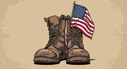 Worn military boots and american flag illustration honoring veteran's service and sacrifice