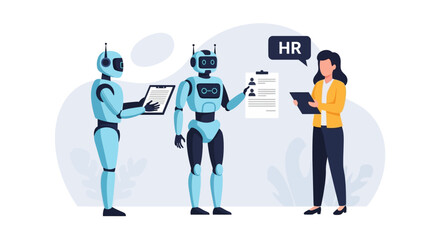 Illustrative depiction of robots assisting human resources in recruitment processes for automated