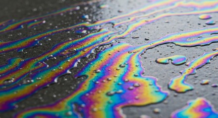 Fototapeta premium Liquid with colorful rainbowlike streaks on a dark textured surface Small droplets scatter across the area