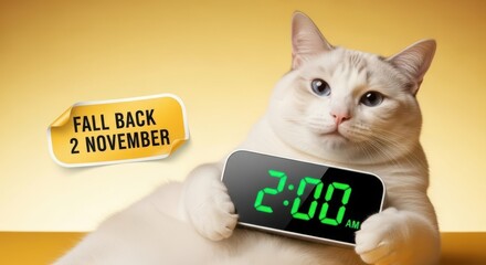 Daylight Saving Time Ends in the USA — Fall Back, November 2, 2025.
A white chubby cat holding a clock showing 2:00, with a sticky note nearby that says the date.