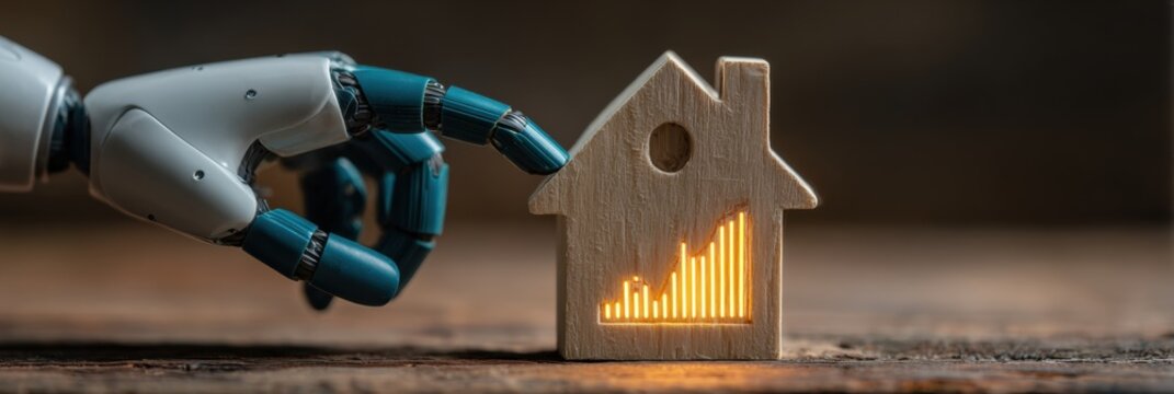 Robot Hand Interacting With a Glowing Wooden House Symbolizing Growth and Technology in Real Estate