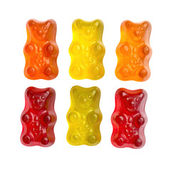 Six colorful gummy bear candies, orange, yellow, and red, in a grid on a black background