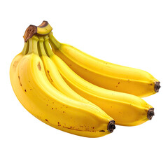 Bunch of ripe bananas, curved, yellow skin with brown spots, dark tips, against black