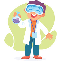 Excited young boy wearing safety goggles and lab coat holding a chemical flask with purple liquid isolated on a light green abstract background