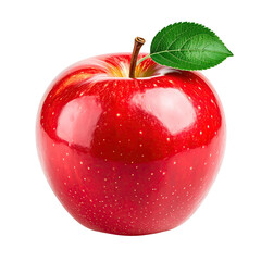 A vibrant red apple with a glossy skin, stem, and a single green leaf against black