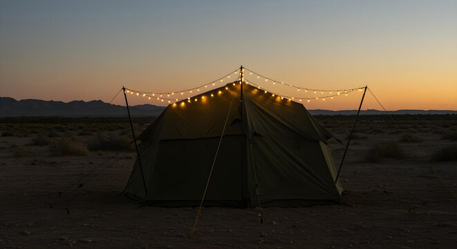 Camping tent illuminated by string lights at dusk in a desert landscape
