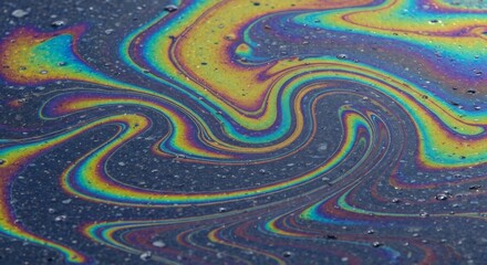 Naklejka premium Swirling rainbow slick on asphalt with tiny water droplets
