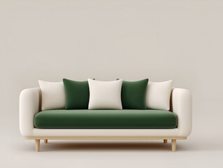 Minimal cream sofa with green cushions and wooden legs on beige background