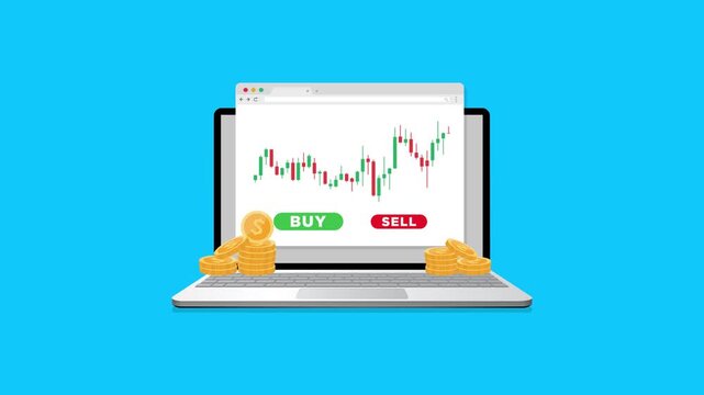 Stock trading, crypto currency investing, forex trading. Buy or Sell Technical analysis for investment, financial and portfolio management. laptop with candlestick chart pattern. 4K animation