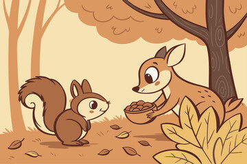 Fototapeta premium Charming autumn animals illustration with fall elements