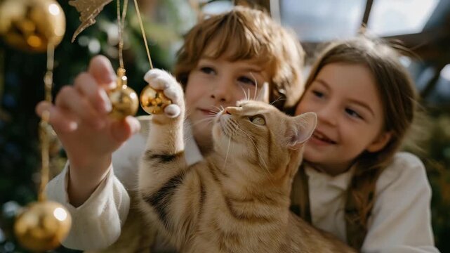 Young siblings and their cat pawing at dangling Christmas ornaments safely placed outdoors, emotion of fascination and amusement visible, representing interactive festive play, seasonal creativity,