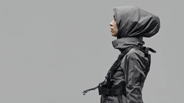 A person models futuristic outerwear, a jacket with a hood and harness system, against a gray backdrop, creating a stark, minimalist aesthetic