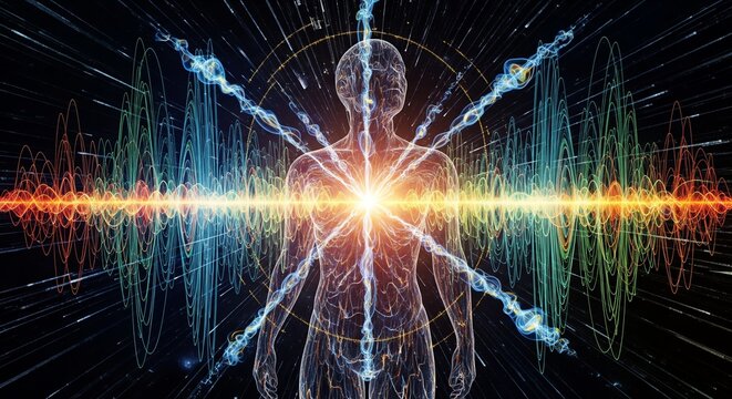 Human energy field depicted with light waves and spiritual consciousness visualization