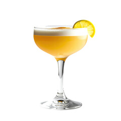 A cocktail in a stemmed glass with foam, citrus garnish, and amber liquid