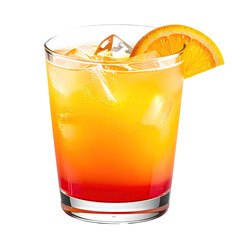 A vibrant cocktail with layered colors, ice, and an orange slice garnish