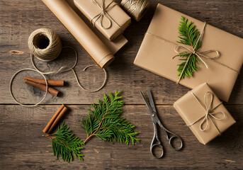 Holiday gift wrapping with cinnamon sticks and cedar sprigs
