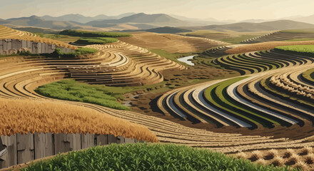 Serene Terraced Farmlands: A Harmonious Blend of Agriculture and Landscape