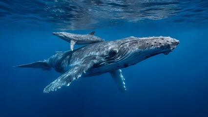 Fototapeta premium Two humpback whales swimming underwater in a blue ocean, an adult with a calf. Concept Underwater wildlife, Humpback whales, Adult and calf, Ocean blues, Marine life photography