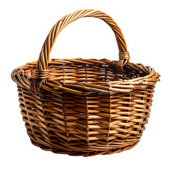 Woven, brown wicker basket, empty, with handle arched high, isolated on black background