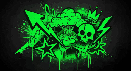 Vibrant green graffiti with skull, crown, lightning, and arrow art design