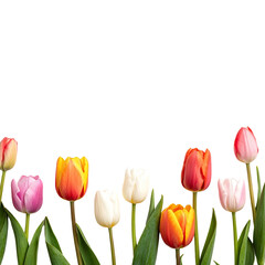 A row of colorful tulips in various hues against a stark black background (1)