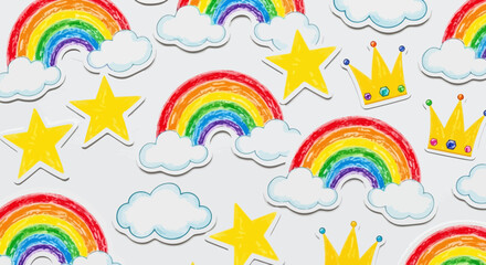 Obraz premium Seamless pattern with rainbows, clouds, stars, and crowns adds a whimsical touch