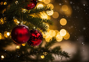 Red Christmas Ornaments on Snowy Pine Branch with Falling Snow