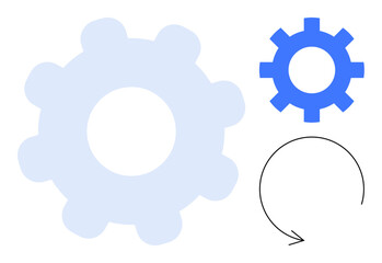 Blue and translucent gears alongside a circular arrow conveying collaboration, workflow, mechanical systems, teamwork, productivity, development, and automation concepts. Clean and simple flat