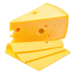 Triangular cheese chunk atop sliced cheese, bright yellow, isolated, high angle view