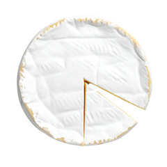 A top-down view of a round, creamy cheese wheel with a triangular slice removed