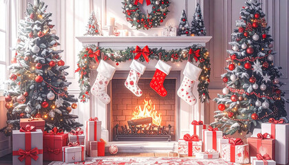 A room decorated for Christmas with a fireplace and gift stockings above it. A festive, Christmas atmosphere.