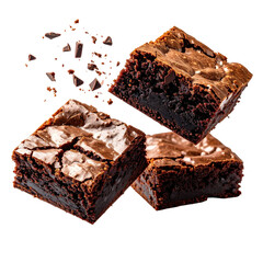 Three chocolate brownies with scattered dark chocolate chunks, isolated on black