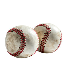 Two well-used, off-white baseballs with red stitching, slightly dirty, isolated on black