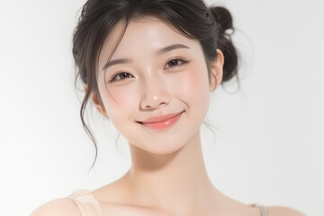 Female Asian Model with Short Hair - Young Beautiful Woman with Hair Bun - Studio Portrait of Asian Beauty for Fashion, Cosmetic, Skincare - Posing on White Background - Smooth Tied Hair