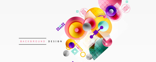Abstract colorful design. Circles, squares, dots create dynamic composition. Modern background with geometric shapes, vibrant hues.