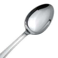 A close-up of a polished, stainless steel spoon with a reflective surface on a black background