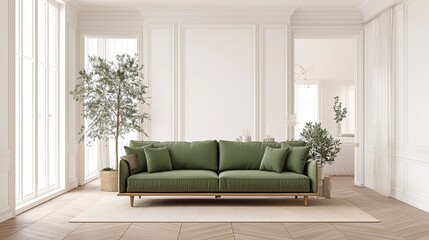sofa. Elegant green sofa in a minimalist living space, blending natural light and simple decor for modern comfort. real-estate listings.