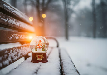 Snow globe with snowman on a snowy park bench Christmas tree