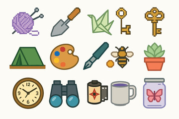 Crafting and Nature Icons Set Gardening Arts Camping Tools
