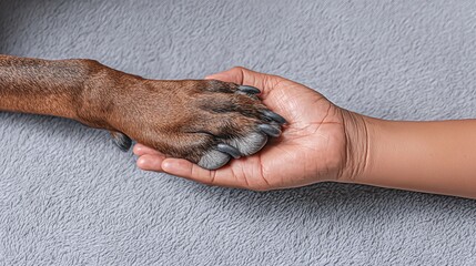 Obraz premium Dog Paw Gently Resting on Human Hand on Soft Gray Fabric Creating a Bond of Friendship