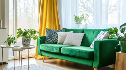 sofa. Elegant green sofa in a minimalist living space, blending natural light and simple decor for modern comfort. real-estate listings.